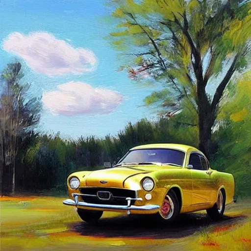 Prompt: blonde driving 1 9 5 0 ford mustang, swedish countryside, freedom, scenic, beautiful, painting by vladimir volegov