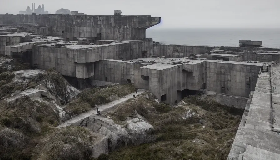 Image similar to big brutalist imperial military base on cliffs, drawing architecture, very long shot, top angle, imperial architecture in rogue one, pritzker architecture prize, brutalism architecture, jan urschel, greig fraser