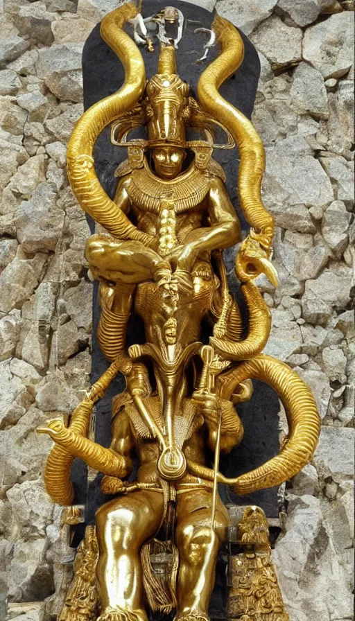 Image similar to the emperor, ram horns sprouting from his head, golden taurus, mars energy, ankh, wisdom, full body shot, sitting on a stone throne