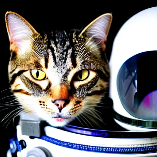 Prompt: a portrait of a cat behind the space suit helmet