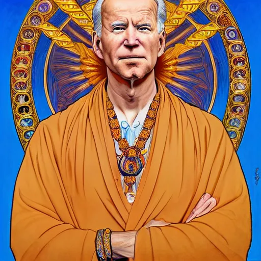 Prompt: bodhisattva joe biden by alex grey, jon mcnaughton, alphonse mucha, rembrandt, and william blake