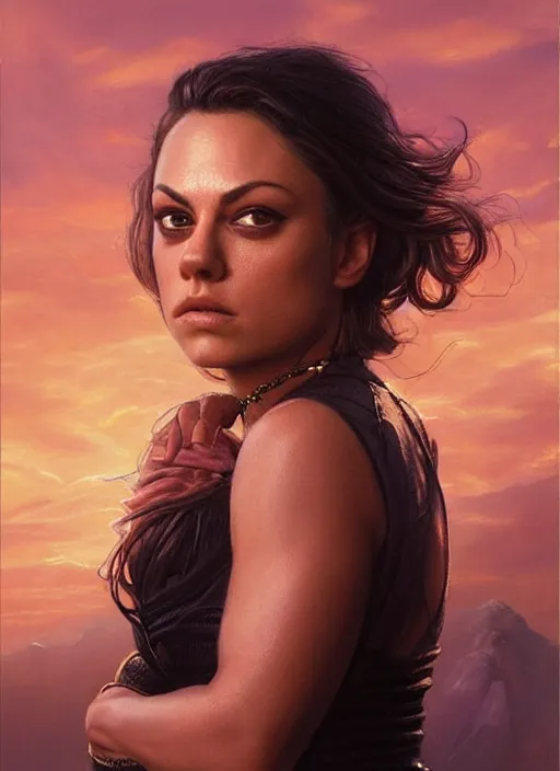 Image similar to epic portrait of Mila Kunis wearing black choker, a very strong muscled Amazon heroine, sun beams across sky, pink golden hour, intricate, elegance, highly detailed, shallow depth of field, epic vista, concept art, art by Artgerm and Donato Giancola, Joseph Christian Leyendecker