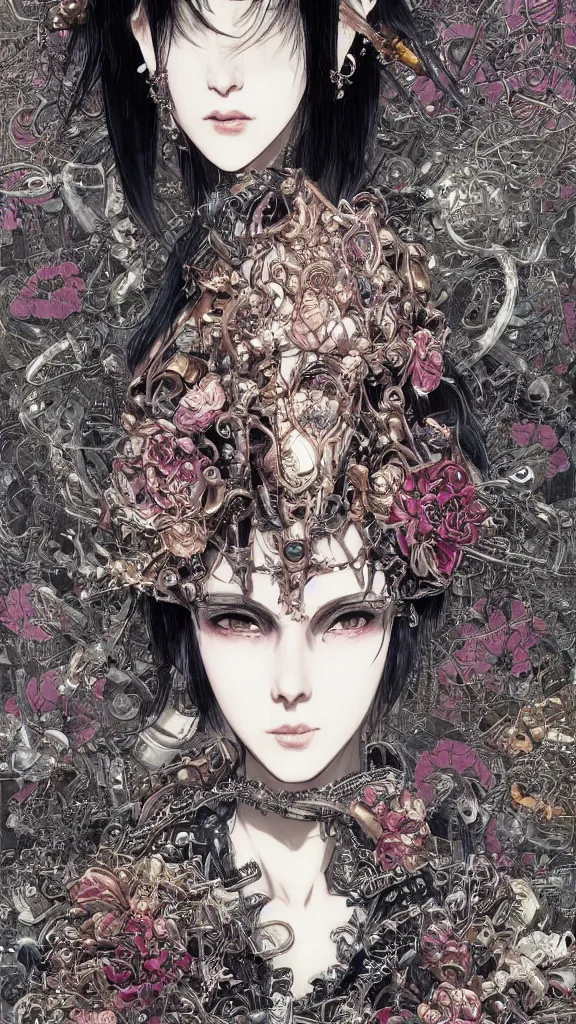 Image similar to cyberpunk fashion a beautiful black haired woman with pale skin and a crown on her head sitted on an intricate metal throne skin wrapped in flowers and wired, vintage style, by yoichi hatakenaka, masamune shirow, josan gonzales and dan mumford, ayami kojima, takato yamamoto, barclay shaw, karol bak, yukito kishiro