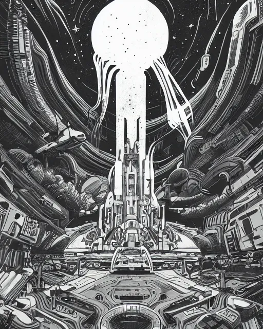Prompt: mcbess illustration, scifi, futuristic, galaxy, nebula, raytracing, sharp focus, cinematic lighting, highly detailed, artstation, divine, ethereal palace