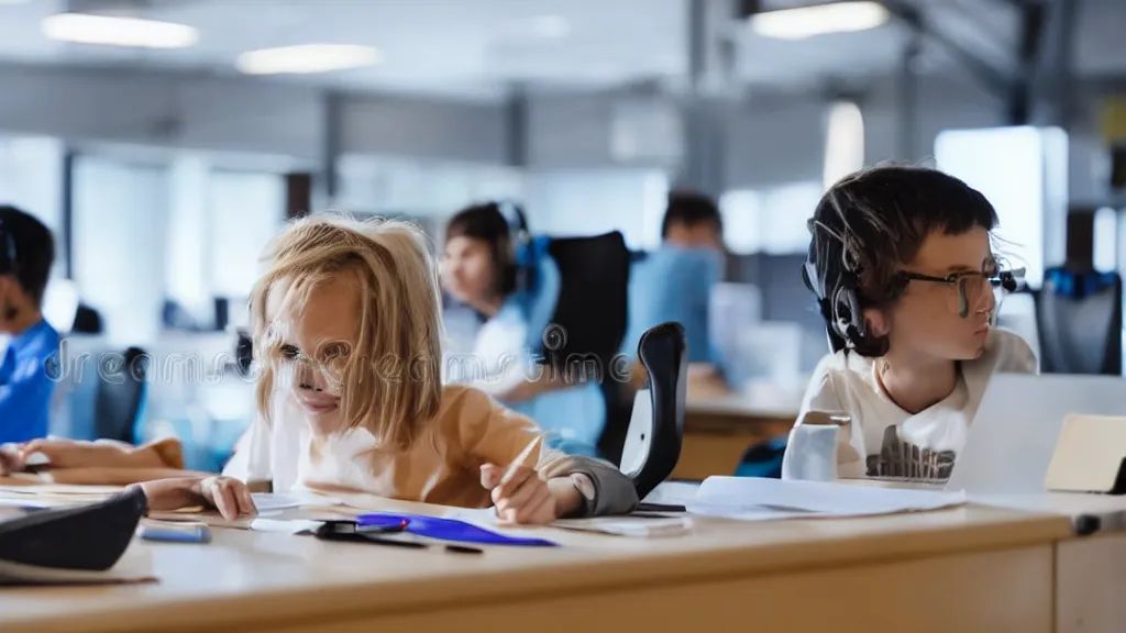 Image similar to school kid sitting at a computer desk, hacking, stock photo