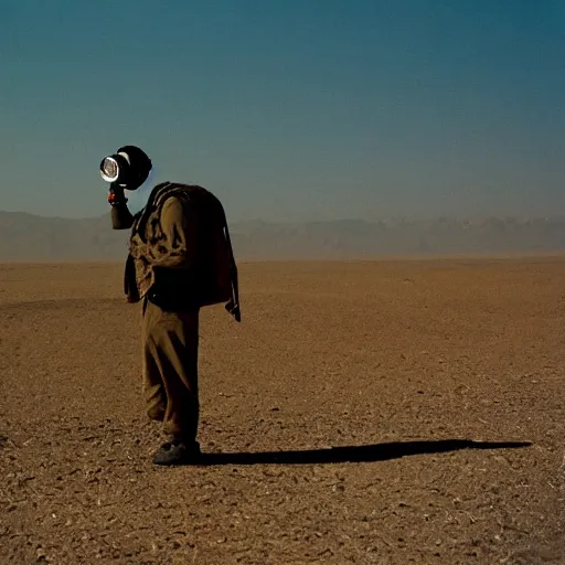 Image similar to a man wearing a gasmask, heavily equipped, in the desert, film still, panasonic 35mm