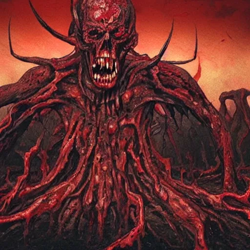 Image similar to demon eating man flesh on a huge pile of dead bloody bodies, rivers of blood running down, black ground, black sky, red sun