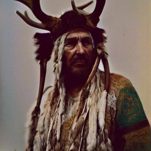 Image similar to color polaroid photograph of a neolithic shaman wearing a deer antler headdress