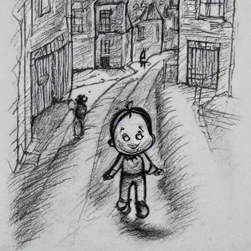 Image similar to rich detailed pencil drawing of little nicholas walking along a lonely village street, by jean - jacques sempe, by rene goscinny