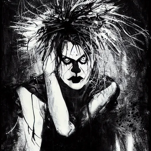 Image similar to gaunt ( the cure fan ) as dream from sandman, dim stars as eyes, by jeremy mann, by cedric peyravernay, by by russ mills, by richard avedon and ben templesmith, dramatic lightning, sadness, dark eye sockets, in the shadows, punk rock, gothic, high detailed, 8 k