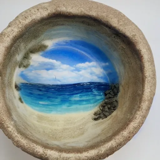 Image similar to a beach and ocean and sky in a ceramic bowl, hyper realistic, highly detailed, photorealism, microcosm, diorama