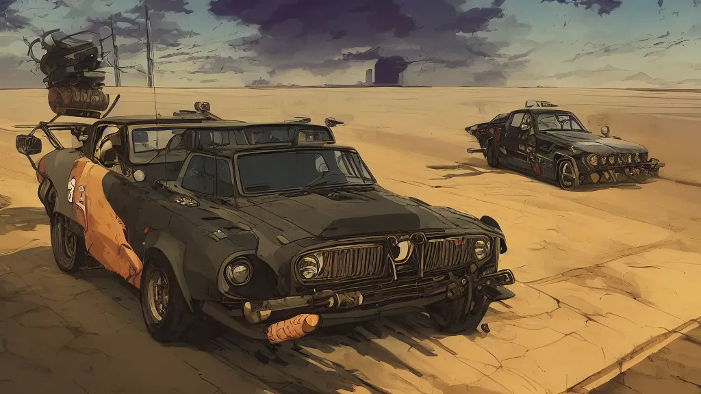 Image similar to digital illustration of mad max's fj 4 0 pursuit special, the last v 8 interceptor driving down a deserted cyberpunk highway in the middle of the day by studio ghibli, anime style, by makoto shinkai, ilya kuvshinov, lois van baarle, rossdraws, basquiat