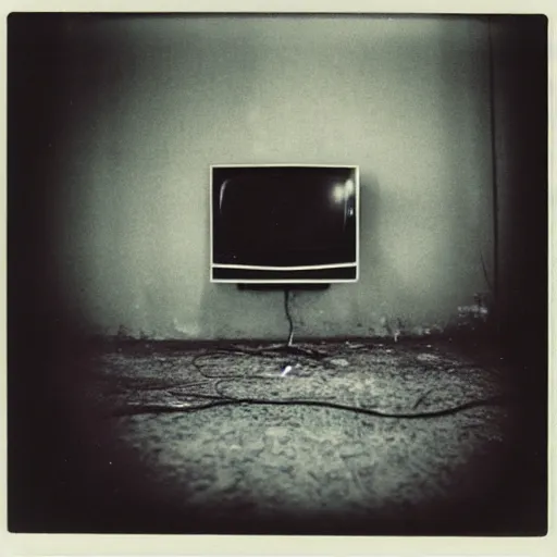 Prompt: dark concrete room with a tv on the ground, the tv has a face obscured by static on a dark background, creepy, eerie, old polaroid, expired film,