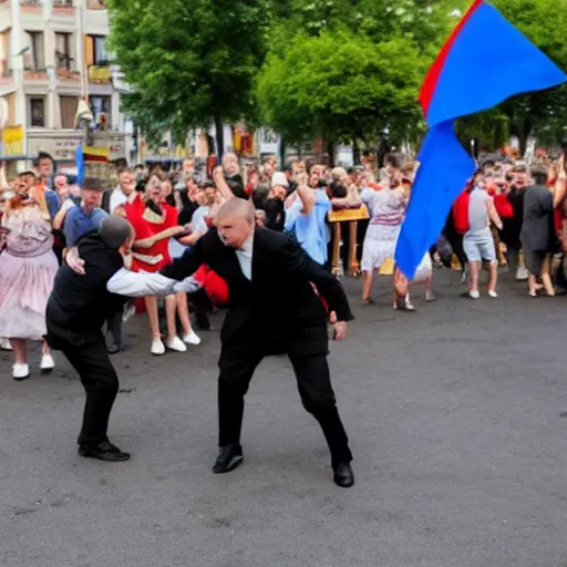 Image similar to ukraine and russia settle their differences through dancing in the streets.