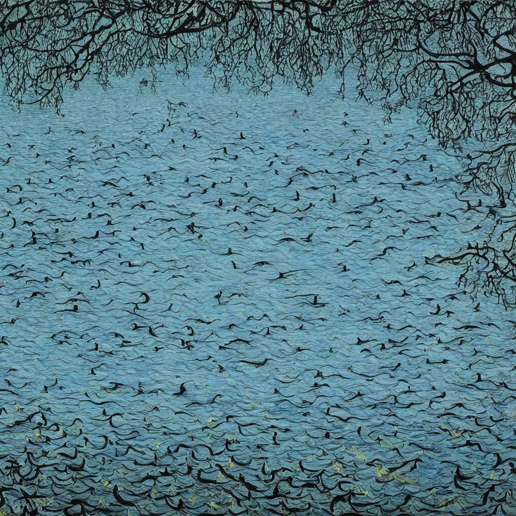 Prompt: blackswans in a lake, lake is super blue, sky is visible, lake surrounded by forest, by collaboration of M. C. Escher and Salvador Dali and Van Gogh