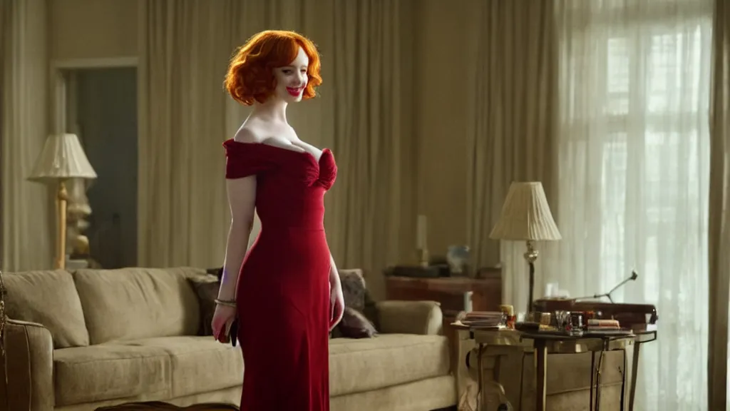 Prompt: a very happy beautiful Christina Hendricks in the living room, film still from the movie directed by Denis Villeneuve with art direction by Salvador Dalí, wide lens