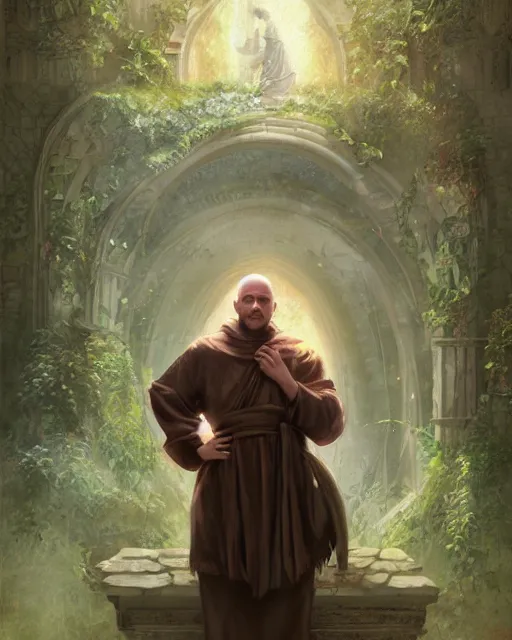 Image similar to detailed portrait of a portly monk, magical, bright spells, fantasy, ruins, overgrown plants, atmosphere, 8 k high definition, insanely detailed, intricate, by charlie bowater, johan grenier