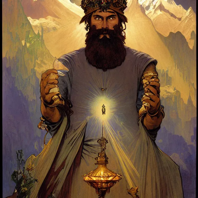 Prompt: an aesthetic! a detailed portrait of a man in a long beard, with a crown, holding a lantern with mountains of gold in the background, surrounded by his family, by frank frazetta and alphonse mucha, oil on canvas, art nouveau dungeons and dragons fantasy art, hd, god rays, ray tracing, crisp contour lines, huhd