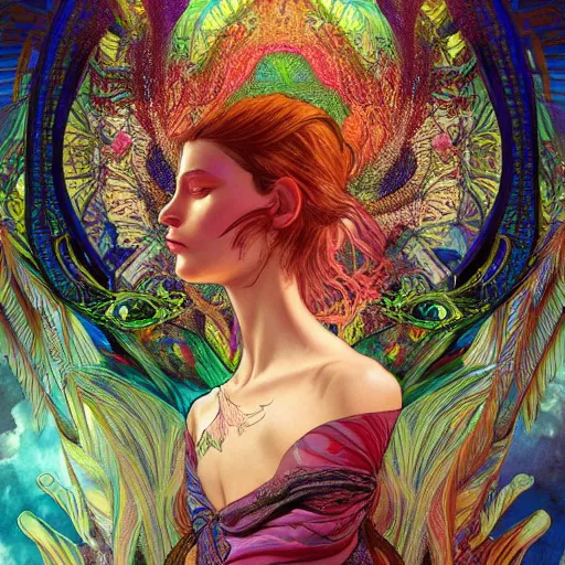 Image similar to A reality bending psychedelic ayahuasca experience, colorful, distorted, surreal, tropical bird feathers, dramatic lighting on the face, intricate, elegant, highly detailed, digital painting, concept art, smooth, sharp focus, illustration, art by Krenz Cushart and Wayne Barlowe and alphonse mucha