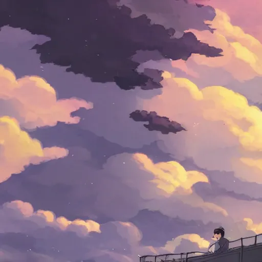 Image similar to friendly guy with Fragile looking portrait face stormy clouds made by Studio Ghibli highly detailed art, beautiful scene, sharp focus, smooth, 8k, anime art