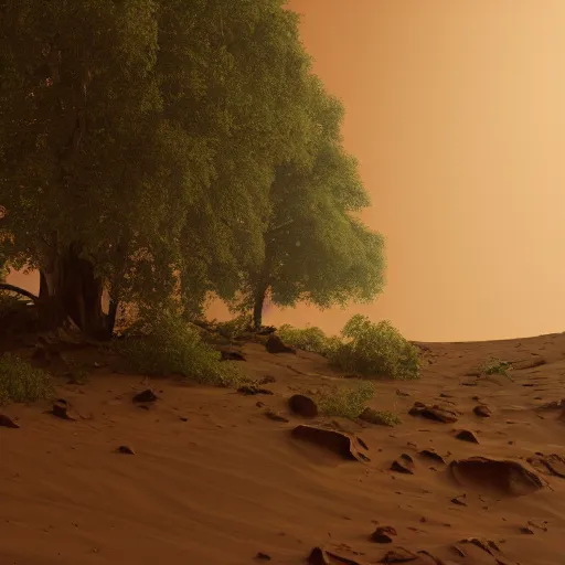 Prompt: mars surface with trees, 8 k, octane render, high details