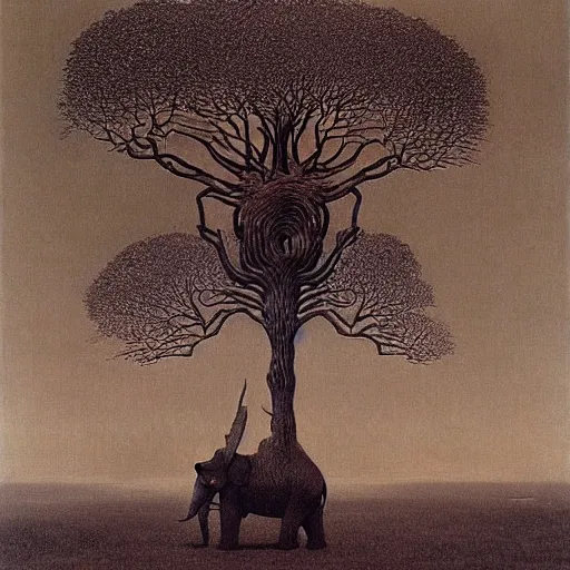 Image similar to elephant tree hybrid by beksinski, magritte surrealism