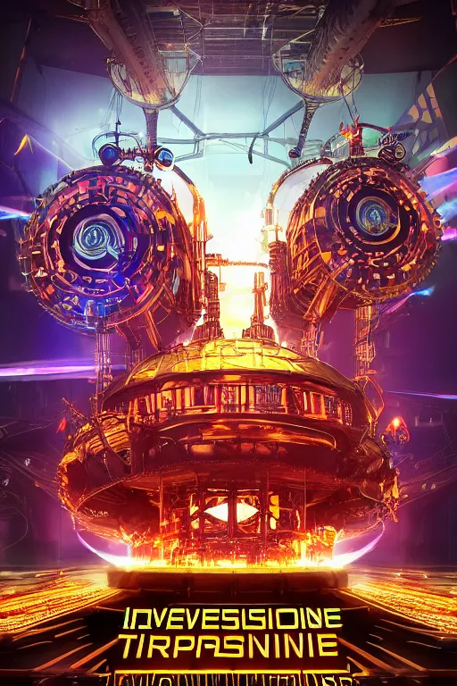 Image similar to a concert poster, tourname is invasion of the tripmachines, realistic digital art, 3 d render of two huge futuristic steampunk generators inside a steampunk machinery, 8 k, fluorescent colors, halluzinogenic, multicolored, exaggerated detailed, unreal engine