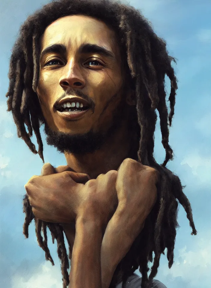 Image similar to closeup portrait of a young bob marley, serene light, gorgeous view, depth, high detail, digital art, painted by greg rutkowski and seb mckinnon, by tim burton, trending on artstation