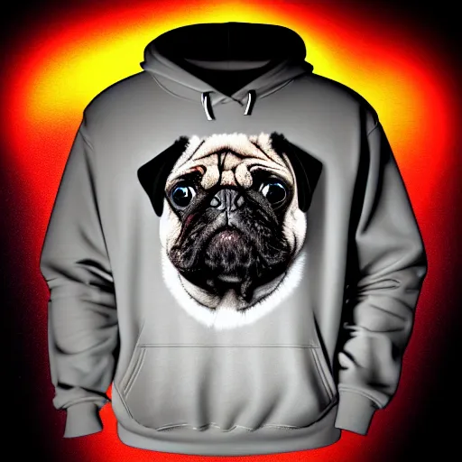 Image similar to a sad pug wearing a hoodie, the word ( sad ) is written on the hoodie in upper case letters, digital art, synthwave style, trending on artstation, matte painting