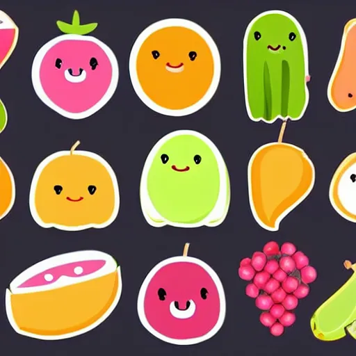 Prompt: a set of kawaii fruits isolated on white background, stylized, cartoon, cute, vector graphics, trending on pinterest, featured on artsation, high quality,