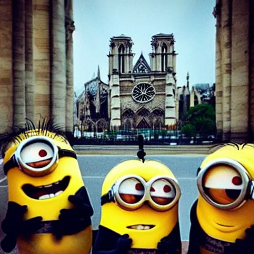 Image similar to “minions laughing as the Notre dame burns behind them”