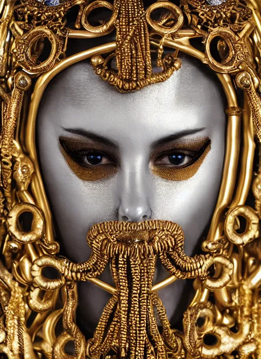 Prompt: hyperrealism, detailed textures, award winning photo, symetrical japanese medusa queen autochrome portrait, silverplate, intricate, detailed facial animal mask, golden jewelery, silverplate, ultra realistic, cinematic, intricate, cinematic light by steve mccurry, unreal engine 8 k