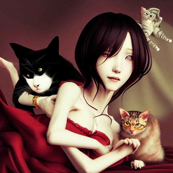 Image similar to renaissance portrait of the secretive vampire girl loner smiling at her cat, by katsuhiro otomo, yoshitaka amano, and artgerm rendered with 3 d effect.