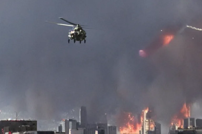 Prompt: militarily helicopter firing missiles smashes through high rise window, explosions, office interior, by Michael Bay