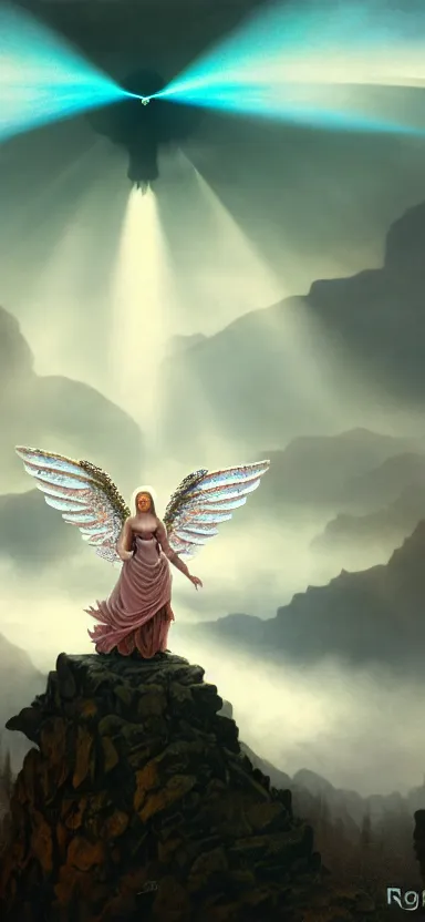 Prompt: steampunk angel, big wings, argentina, hudson river school, max rive, full plate armor with cloth, f 1 6, bokeh, gentle, female, snowy mountain, storm clouds, god rays, landscape, d & d, fantasy, elegant, teal pink white gold color palette, concept art, roger deakins and greg rutkowski and alphonse mucha