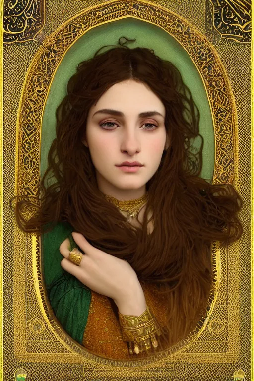 Image similar to 8k Portrait of a Beautiful Arabic female, sad green eyes, beautiful Porcelain skin, elegant, jewellery, digital painting, Pre-Raphaelites, highly detailed, concept art, cinematic lighting, smooth, sharp focus, gold and indigo, illustration, art by Klimt and Alphonse Mucha.