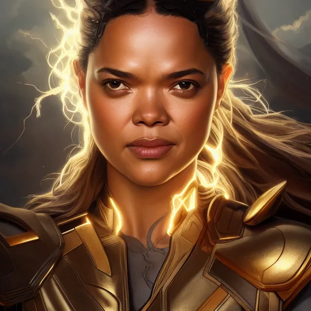 Image similar to close up portrait of tessa thompson as thor wearing shiny silver armor, glowing hair, glowing light armor, subsurface scattering, ethereal, artistic, temple background with light rays, fantasy atmosphere. art by artgerm, greg rutkowski and alphonse mucha, 3 d artstation octane render,