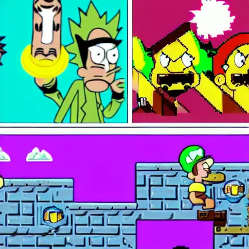 Prompt: Rick and Morty as characters in SNES Super Mario Bros, pixels, jumping