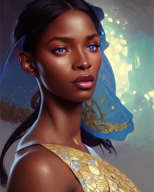 Image similar to Portrait of very very very very very very beautiful nigerian woman, spacesuit, blue eyes, real life skin, intricate, elegant, highly detailed, artstation, concept art, smooth, sharp focus, art by artgerm and greg rutkowski and alphonse mucha