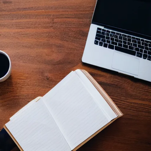 Prompt: cat working with notebook and a coffe cup is on the desk