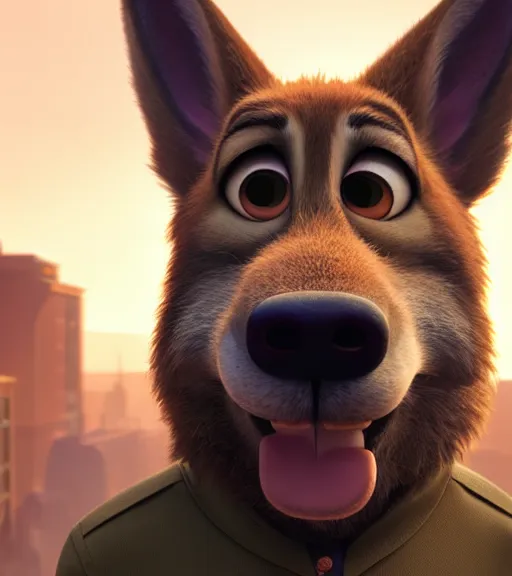 Prompt: a film still from zootopia main character portrait anthro anthropomorphic german shepard head animal person fursona pixar and disney animation, sharp, rendered in unreal engine 5, anime key art by greg rutkowski, bloom, dramatic lighting