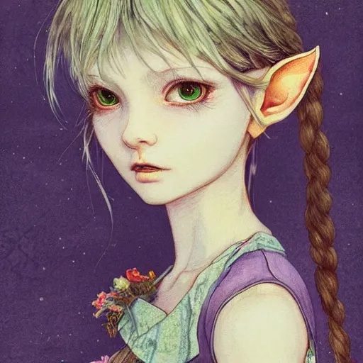 Image similar to little elf girl, grunge outfit, soft hair. light color palate, purple, yellow and white. detailed soft painting, ayami kojima, made in abyss, anatomically correct, inspired in balthus, high detailed face anime, vogue magazine, glorious composition