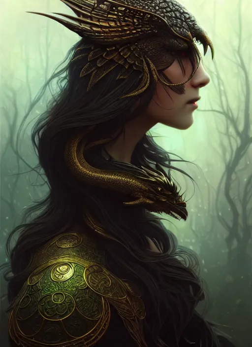 Image similar to side portrait dark crow, fantasy forest landscape, dragon scales, fantasy magic, dark golden light night, intricate, elegant, sharp focus, illustration, highly detailed, digital painting, concept art, matte, art by WLOP and Artgerm and Greg Rutkowski and Alphonse Mucha, masterpiece