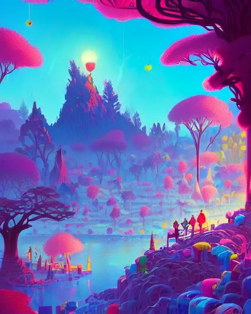 Image similar to candyland | a landscape made of candy and desserts, mountains river trees, cherry - blossoms | highly detailed | very intricate | fantasy whimsical magical | soft bright natural morning light | pixar | award - winning | matte painting by anton fadeev and paul lehr and rhads and alena aenami | pastel color palette | featured on artstation