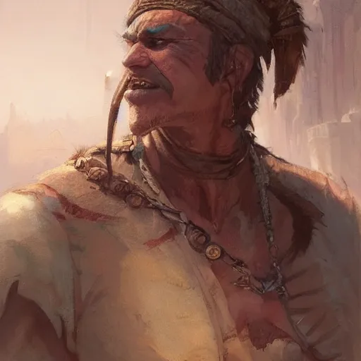 Image similar to a friendly orcish merchant, fantasy character portrait by greg rutkowski, gaston bussiere, craig mullins