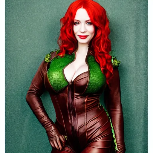 Image similar to Fully-clothed full-body portrait of Christina Hendricks as poison ivy, leather thigh-high boots, XF IQ4, 50mm, F1.4, studio lighting, professional, 8K