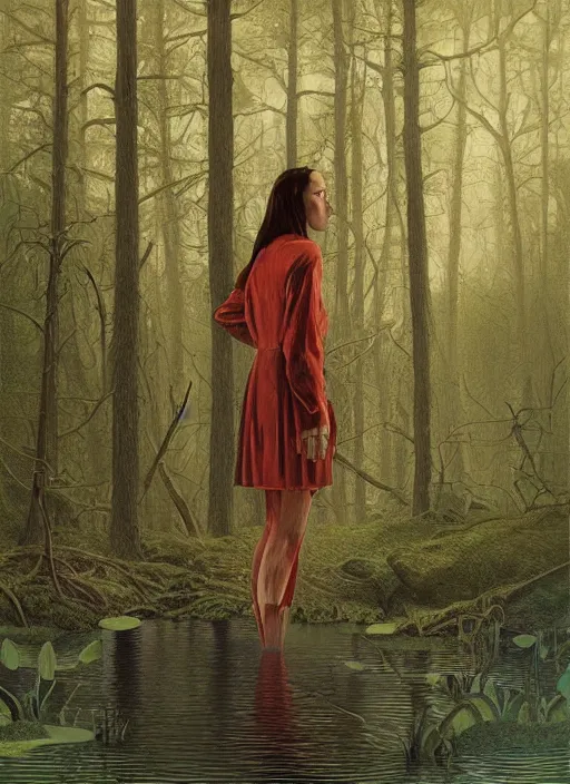 Image similar to portrait of jennifer connelly in searching in the woods standing before the mysterious small pond, twin peaks poster art, from scene from twin peaks, by michael whelan, artgerm, retro, nostalgic, old fashioned