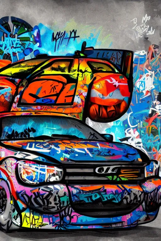 Image similar to a police car covered in graffiti by mia brownell, art by anna hotchkis, antonio saura, very detailed, maximalism, ambient occlusion, volumetric light, atmospheric haze, hyper realism, futuristic but colorful shading, cinematic composition, realistic render, photography, wide shot