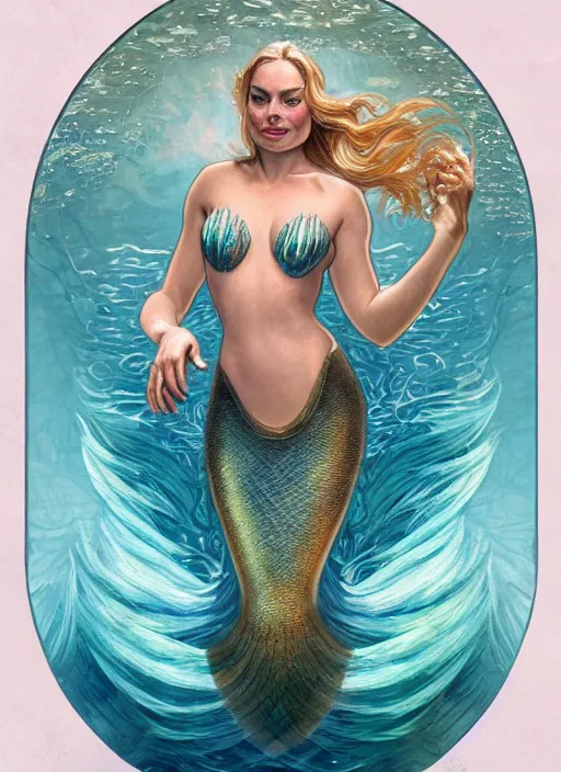 Image similar to Margot Robbie as mermaid swimming underwater, full body shot, cute, fantasy, intricate, elegant, highly detailed, digital painting, 4k, HDR, concept art, smooth, sharp focus, illustration, art by alphonse mucha, artgerm, H R Giger