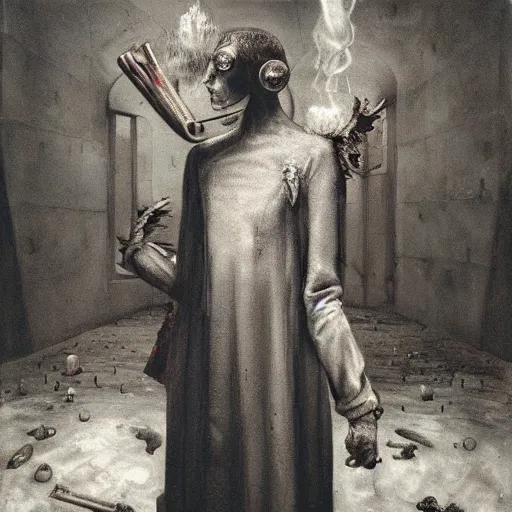 Prompt: decadent cyberpunk celestial vampire with distended, smoking head standing ::3 painting by Joel-Peter Witkin and the Quay Brothers and Rembrandt :: moody lighting :: ice cathedral